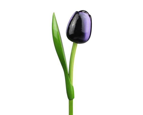 Wooden tulip in a wooden base, to stand, 34cm high, made in Holland, color: Aubergine/White